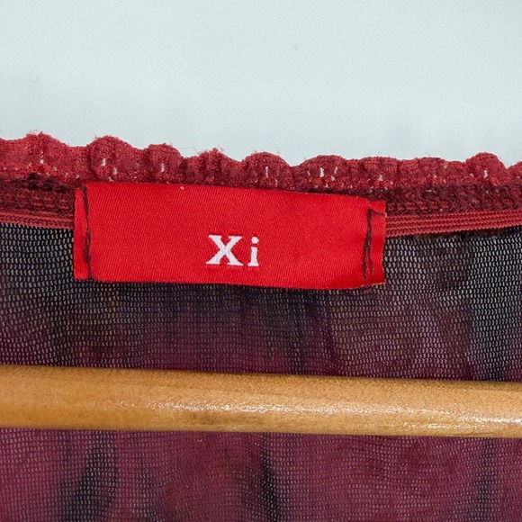 Y2K Burgundy Sheer Mesh Off Shoulder Corset Top Ruffle Bell Sleeve Floral Tie - Picture 5 of 5